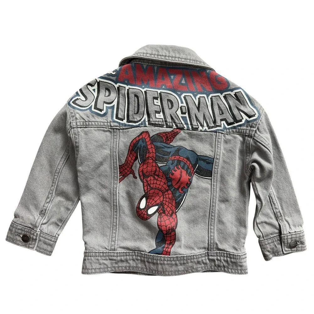 Marvel Spider-man Gray Denim Jacket Toddler Sz 3T Snap Closure With Pockets
